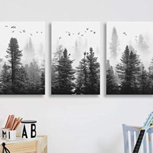 Large Canvas Wall art Forest Picture Living room Decoration Black and White art Landscape Wall art Gable Decoration Morning fog Mountain Art Fog Forest Bird 40cmX60cm X3 Panel Modern Home Decoration