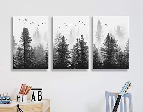 Large Canvas Wall art Forest Picture Living room Decoration Black and White art Landscape Wall art Gable Decoration Morning fog Mountain Art Fog Forest Bird 40cmX60cm X3 Panel Modern Home Decoration