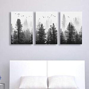 Large Canvas Wall art Forest Picture Living room Decoration Black and White art Landscape Wall art Gable Decoration Morning fog Mountain Art Fog Forest Bird 40cmX60cm X3 Panel Modern Home Decoration