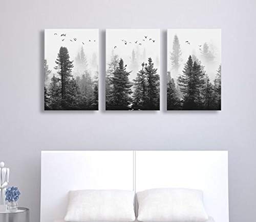 Large Canvas Wall art Forest Picture Living room Decoration Black and White art Landscape Wall art Gable Decoration Morning fog Mountain Art Fog Forest Bird 40cmX60cm X3 Panel Modern Home Decoration