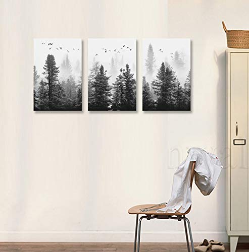 Large Canvas Wall art Forest Picture Living room Decoration Black and White art Landscape Wall art Gable Decoration Morning fog Mountain Art Fog Forest Bird 40cmX60cm X3 Panel Modern Home Decoration