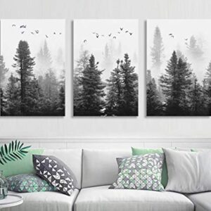 Large Canvas Wall art Forest Picture Living room Decoration Black and White art Landscape Wall art Gable Decoration Morning fog Mountain Art Fog Forest Bird 40cmX60cm X3 Panel Modern Home Decoration