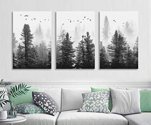 Large Canvas Wall art Forest Picture Living room Decoration Black and White art Landscape Wall art Gable Decoration Morning fog Mountain Art Fog Forest Bird 40cmX60cm X3 Panel Modern Home Decoration