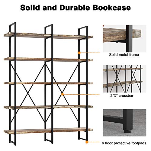 IRONCK Bookshelf, Double Wide 5-Tier Open Bookcase Vintage Industrial Large Shelves, Wood and Metal Etagere Bookshelves, for Home Decor Display, Office Furniture