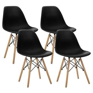 canglong modern mid-century shell lounge plastic dsw natural wooden legs for kitchen, dining, bedroom, living room side chairs, set of 4, black