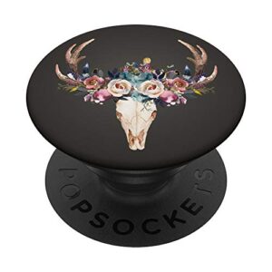 artsy watercolor flower wreath bouquet deer skull on black popsockets popgrip: swappable grip for phones & tablets