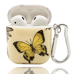 butterfly airpods soft tpu case for airpods 2 cover portable cute flower airpod vivid case for apple airpods 1 & 2 protective shockproof case with keychain (yellow butterfly)