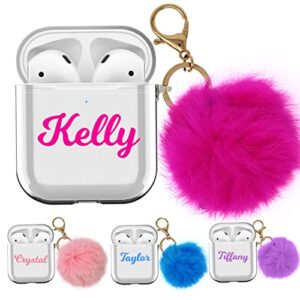 marblefy custom name airpods case cover compatible with airpods 2nd 1st generation with furball keychian, 4 color to choose hot pink blue lavender pompom, personalized for girls and women