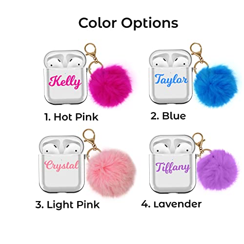 MARBLEFY Custom Name Airpods Case Cover Compatible with AirPods 2nd 1st Generation with Furball keychian, 4 Color to Choose Hot Pink Blue Lavender Pompom, Personalized for Girls and Women
