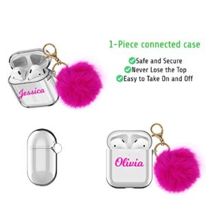 MARBLEFY Custom Name Airpods Case Cover Compatible with AirPods 2nd 1st Generation with Furball keychian, 4 Color to Choose Hot Pink Blue Lavender Pompom, Personalized for Girls and Women