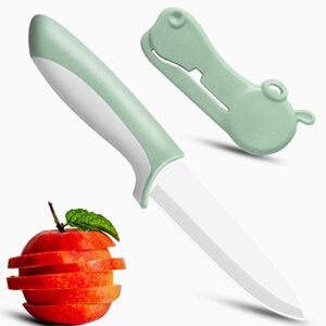 premium ceramic knife 4 inches, kitchen paring knife - ultra sharp fruit knife for vegetable food with hippo shaped cover, small portable pairing knives food knife with sheath, green, by jonbyi