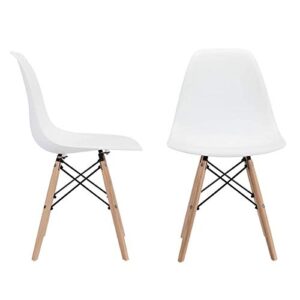 CangLong Modern Mid-Century Dining Chair Shell Lounge Plastic DSW Chair with Natural Wooden Legs for Kitchen, Dining, Bedroom, Living Room Side Chairs Set of 2, White