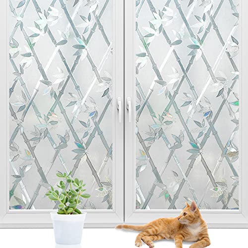 bofeifs Window Privacy Film Etched Bamboo Rainbow Window Clings 3D Non-Adhesive Stained Glass Window Film for Living Room Kitchen Lobby Porch Gaming Room 17.7 x 78.7 inches