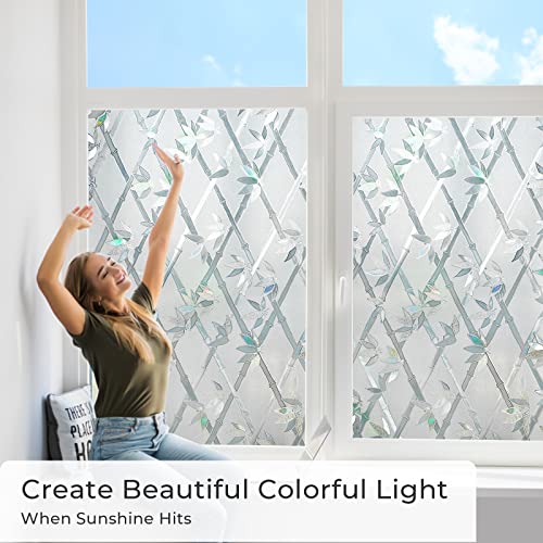 bofeifs Window Privacy Film Etched Bamboo Rainbow Window Clings 3D Non-Adhesive Stained Glass Window Film for Living Room Kitchen Lobby Porch Gaming Room 17.7 x 78.7 inches