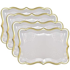 10 white rectangle trays with gold rim border for elegant dessert table serving parties 9" x 13" heavy duty disposable paper cardboard for platters, cupcake display, birthday party, weddings food safe