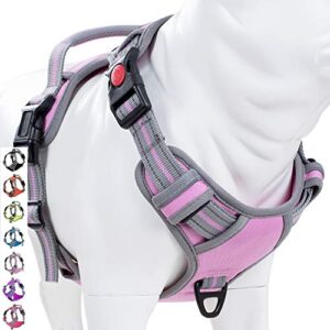 Coohom No Pull Dog Harness with Handle and Two Leash Attachments,Adjustable Outdoor Pet Harness with Reflective Oxford Material for Small Medium Large Dogs (L, Pink 3 Buckles)