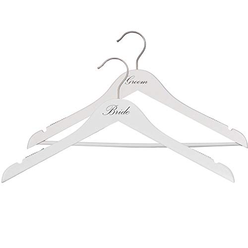 NAHANCO BG20117 Bridal Hanger Set, White Wood Hangers with Black Imprint (Bride and Groom), 17” (2 Piece Set)