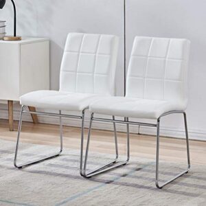 white dining chairs set of 2 - faux leather dining chairs, comfortable modern kitchen chairs with chrome legs for dining room chairs, living room, bedroom, waiting room chairs