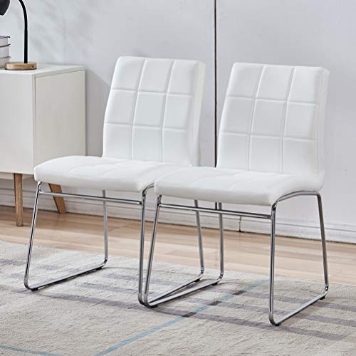 White Dining Chairs Set of 2 - Faux Leather Dining Chairs, Comfortable Modern Kitchen Chairs with Chrome Legs for Dining Room Chairs, Living Room, Bedroom, Waiting Room Chairs