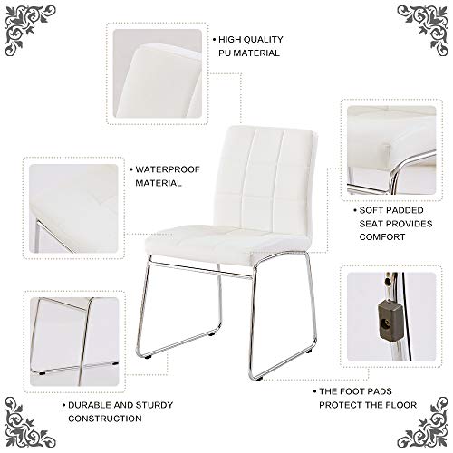 White Dining Chairs Set of 2 - Faux Leather Dining Chairs, Comfortable Modern Kitchen Chairs with Chrome Legs for Dining Room Chairs, Living Room, Bedroom, Waiting Room Chairs