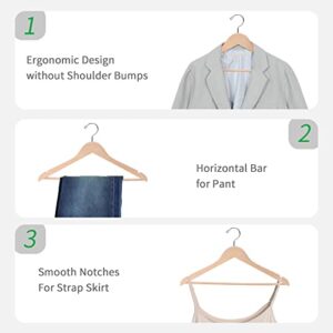 Nature Smile 20 Pack Premium Adult Unfinished Natural Solid Wooden Clothes Hangers Wood Suit Coat Jacket Hanger with Extra Smoothly Cut Notches and Bar - 360°Stronger Rotatable Hook