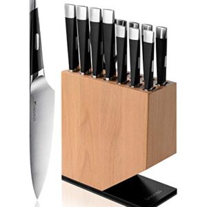 Linoroso Knife Set, 13-Piece Kitchen Knife Set with Block Sharp Chef Knife Set, German High Carbon Stainless Steel Knife Block Set with Beech Block with Black Oxide Stainless Steel Base