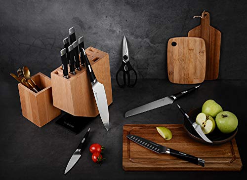 Linoroso Knife Set, 13-Piece Kitchen Knife Set with Block Sharp Chef Knife Set, German High Carbon Stainless Steel Knife Block Set with Beech Block with Black Oxide Stainless Steel Base