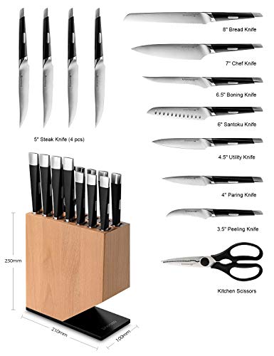 Linoroso Knife Set, 13-Piece Kitchen Knife Set with Block Sharp Chef Knife Set, German High Carbon Stainless Steel Knife Block Set with Beech Block with Black Oxide Stainless Steel Base