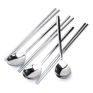YAPULLYA Polished Stainless Steel Spoons and Chopsticks Set, Korean Chopsticks and Spoons tableware with long-hand, Reusable, set of 3-silver