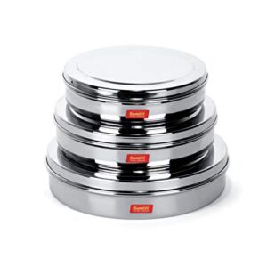 sumeet stainless steel chocolate flat slim n sleek canisters/puri dabba/storage containers set of 3pcs big set (no.10-700ml, no.11-900ml, no.12-1200ml)