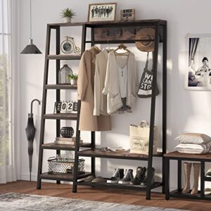 Tribesigns Industrial Entryway Hall Trees with Hooks, Storage Shelves and Shoes Bench, Freestanding Closet Organizer Clothes Rack with Coat Rack, Closet Garments Shelf for Hallway, Bedroom