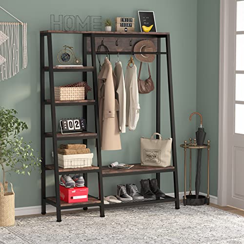 Tribesigns Industrial Entryway Hall Trees with Hooks, Storage Shelves and Shoes Bench, Freestanding Closet Organizer Clothes Rack with Coat Rack, Closet Garments Shelf for Hallway, Bedroom