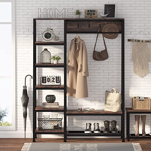 Tribesigns Industrial Entryway Hall Trees with Hooks, Storage Shelves and Shoes Bench, Freestanding Closet Organizer Clothes Rack with Coat Rack, Closet Garments Shelf for Hallway, Bedroom