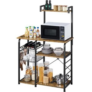 yaheetech industrial kitchen baker’s rack utility microwave oven stand with wire basket & 10 s hooks, coffee bar spices utensils storage shelf, easy assembly, rustic brown