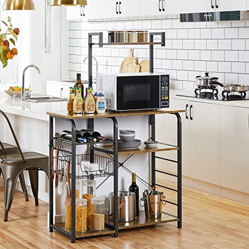 Yaheetech Industrial Kitchen Baker’s Rack Utility Microwave Oven Stand with Wire Basket & 10 S Hooks, Coffee Bar Spices Utensils Storage Shelf, Easy Assembly, Rustic Brown