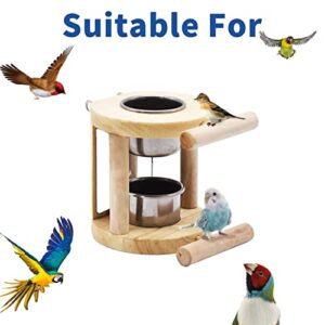 kathson Bird Feeding Cups with Wooden Platform, Bird Bowls Hanging Stainless Steel Parrot Cage Feeder & Water Bowl Parakeet Feeder Bird Perches Stand Cage Accessories for Parakeet Budgies