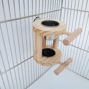 kathson Bird Feeding Cups with Wooden Platform, Bird Bowls Hanging Stainless Steel Parrot Cage Feeder & Water Bowl Parakeet Feeder Bird Perches Stand Cage Accessories for Parakeet Budgies