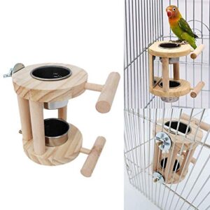 kathson Bird Feeding Cups with Wooden Platform, Bird Bowls Hanging Stainless Steel Parrot Cage Feeder & Water Bowl Parakeet Feeder Bird Perches Stand Cage Accessories for Parakeet Budgies