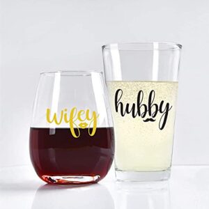Wifey and Hubby Wine Glass and Beer Glass Novelty Gift Set for Engagement Newlywed Wedding Anniversary Bridal Shower Valentine's Day
