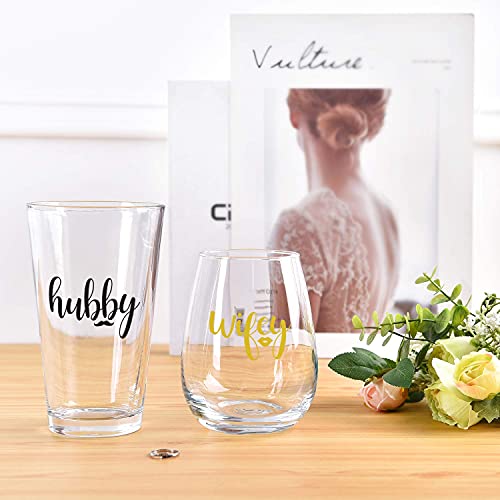 Wifey and Hubby Wine Glass and Beer Glass Novelty Gift Set for Engagement Newlywed Wedding Anniversary Bridal Shower Valentine's Day