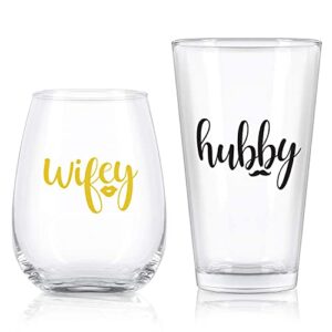 Wifey and Hubby Wine Glass and Beer Glass Novelty Gift Set for Engagement Newlywed Wedding Anniversary Bridal Shower Valentine's Day