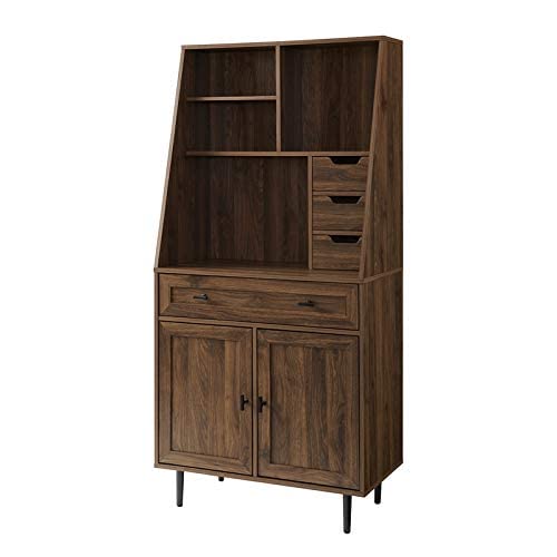 Walker Edison Secretary Hutch Wood Desk with Keyboard Drawer Bookshelf Storage Home Office Storage Cabinet, 64 Inch, Dark Walnut