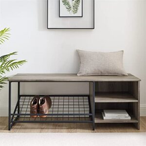 Walker Edison Industrial Metal and Wood Entryway Bench Shoe Storage Shelf Hallway Organizer, 48 Inch, Grey Wash