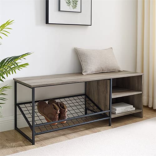 Walker Edison Industrial Metal and Wood Entryway Bench Shoe Storage Shelf Hallway Organizer, 48 Inch, Grey Wash