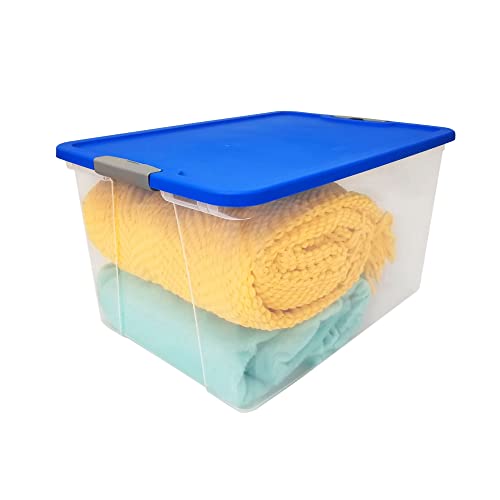 HOMZ 64 Quart Secured Seal Latch Extra Large Single Clear Stackable Storage Container Tote with Blue Lid for Home, Garage, or Basement (2 Pack)