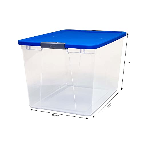 HOMZ 64 Quart Secured Seal Latch Extra Large Single Clear Stackable Storage Container Tote with Blue Lid for Home, Garage, or Basement (2 Pack)