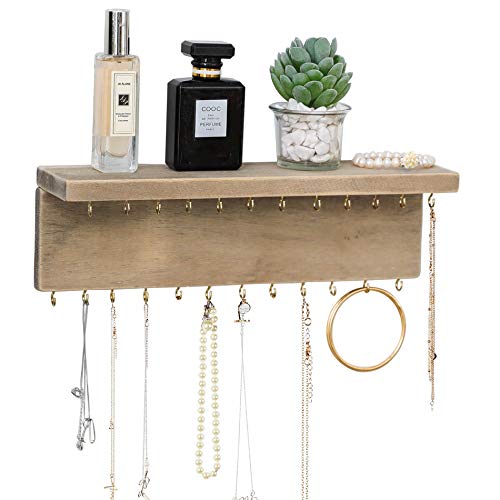 BYHER Wall Mounted Jewelry Organizer with 24 Hooks - Rustic Wood Shelf Jewelry Display - Storage for Necklaces, Bracelets, Earrings, Bows (24 Hooks)