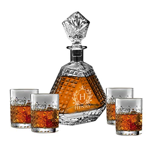 Custom Engraved and Personalized Scotch Whiskey Bourbon Glass 23 oz Triangle Decanter and 4 Glasses Set