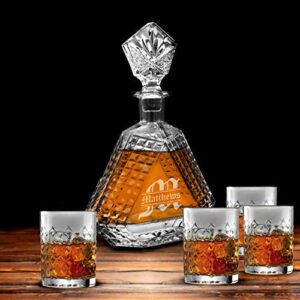 Custom Engraved and Personalized Scotch Whiskey Bourbon Glass 23 oz Triangle Decanter and 4 Glasses Set