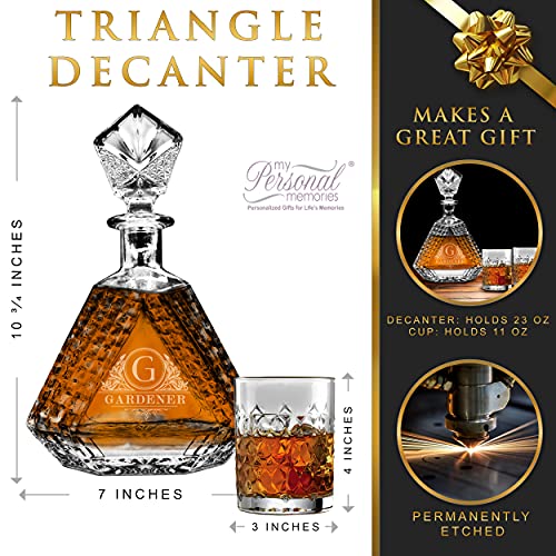 Custom Engraved and Personalized Scotch Whiskey Bourbon Glass 23 oz Triangle Decanter and 4 Glasses Set